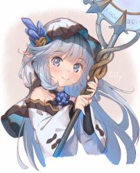 Rule 34 | 1girl, bare shoulders, blush, closed mouth, collarbone, commentary request, copyright request, cropped torso, crystal, eip (pepai), granblue fantasy, holding, holding staff, lily (granblue fantasy), long hair, long sleeves, pointy ears, purple eyes, robe, sidelocks, silver hair, smile, solo, staff, upper body, veil, white robe, wide sleeves
