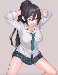 Rule 34 | 1girl, arms behind head, arms up, black hair, blush, breasts, censored, collarbone, commentary request, dog tags, dress shirt, furisuku, green necktie, green skirt, hair between eyes, high ponytail, idolmaster, idolmaster shiny colors, large breasts, long hair, necktie, open mouth, plaid, plaid skirt, pleated skirt, ponytail, school uniform, shirase sakuya, shirt, simple background, skirt, solo, squatting, thighs, white shirt, yellow eyes