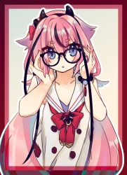 Rule 34 | 1other, adjusting eyewear, bare shoulders, bespectacled, blue eyes, collar, collarbone, commentary, framed, glasses, gynoid talk, hair flaps, hairband, highres, horns, ishitsuki ( 0101 831), japanese clothes, long hair, looking at viewer, meika hime, neck ribbon, pink hair, red ribbon, ribbon, sailor collar, shirt, sleeveless, solo, symbol-only commentary, twintails, upper body, very long hair, vocaloid, white collar, white shirt