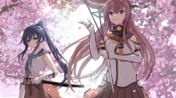 10s 2girls :d black_hair black_necktie black_sailor_collar brown_eyes brown_hair cherry_blossoms gloves highres holding holding_sword holding_weapon kantai_collection katana kisetsu long_hair multiple_girls necktie open_mouth petals pleated_skirt ponytail red_eyes red_skirt sailor_collar school_uniform serafuku sketch skirt smile sword very_long_hair weapon white_gloves yahagi_(kancolle) yamato_(kancolle)