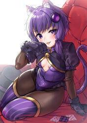 Rule 34 | 1girl, absurdres, ahoge, animal ear fluff, animal ears, animal hands, black gloves, black pantyhose, blush, breasts, card, cat ears, cat paws, cat tail, covered navel, extra ears, gloves, hair between eyes, hair ornament, highres, looking at viewer, pantyhose, paw gloves, purple eyes, purple hair, short hair with long locks, small breasts, smile, solo, tail, tenneko yuuri, tongue, tongue out, voiceroid, yuzuki yukari