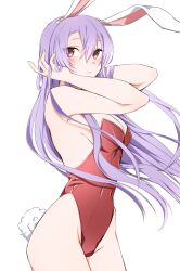 Rule 34 | 1girl, absurdres, animal ears, bare shoulders, blush, breasts, bunny day, closed mouth, commentary request, cowboy shot, hair between eyes, highres, leotard, light purple hair, long hair, looking at viewer, medium breasts, rabbit ears, rabbit tail, red eyes, red leotard, reisen udongein inaba, simple background, solo, standing, tail, touhou, very long hair, white background, yukina (masyumaro610)