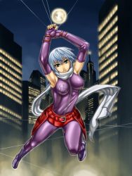 Rule 34 | 1girl, armpits, arms up, bare shoulders, belt, belt pouch, bodysuit, boots, breasts, breasts apart, building, city, closed mouth, elbow gloves, emblem, fingerless gloves, full body, full moon, gloves, green eyes, hair between eyes, halterneck, hanging, head tilt, holding, holding weapon, leaning forward, leg lift, legs apart, lights, medium breasts, misao (kami no misoshiru), moon, night, night sky, ninja, outdoors, outline, own hands together, pouch, purple bodysuit, purple footwear, purple gloves, rumble fish 2, scarf, serious, sheryl (rumble fish), shiny clothes, short hair, skin tight, sky, skyscraper, solo, the rumble fish, unitard, weapon, white hair, white scarf, wire