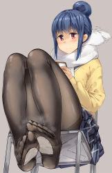Rule 34 | 1girl, black pantyhose, blue hair, blue skirt, blush, closed mouth, commentary request, feet, foot focus, fringe trim, grey background, hair bun, highres, kanzen bouon, legs, looking at viewer, no shoes, on chair, pantyhose, plaid, plaid skirt, pleated skirt, red eyes, scarf, shima rin, shirt, simple background, single hair bun, sitting, skirt, soles, solo, steam, sweat, thighband pantyhose, white scarf, yellow shirt, yurucamp