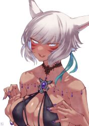 Rule 34 | 1girl, absurdres, alternate breast size, animal ears, bare shoulders, blue eyes, blush, bracelet, breasts, bright pupils, brooch, cat ears, clothes pull, collar, commentary, dark-skinned female, dark skin, english commentary, facial mark, final fantasy, final fantasy xiv, fingernails, grey hair, hair ornament, half-closed eyes, hands up, highres, hjz (artemi), jewelry, large breasts, light smile, lips, looking at viewer, miqo&#039;te, nail polish, parted lips, pulled by self, revision, short hair, simple background, skindentation, slit pupils, solo, upper body, whisker markings, white background, white pupils, y&#039;shtola rhul