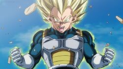 Rule 34 | absurdres, blonde hair, commentary, debris, dragon ball, dragonball z, english commentary, gloves, green eyes, highres, maddnessart, muscular, muscular male, open mouth, saiyan, saiyan armor, super saiyan, super saiyan 1, teeth, vegeta, white gloves