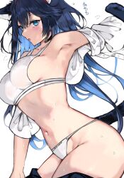 Rule 34 | 1girl, animal ears, arknights, armpits, bikini, black hair, blaze (arknights), blue eyes, blue hair, breasts, commentary request, highres, kyuu (plastic night q), large breasts, long hair, looking at viewer, multicolored hair, navel, simple background, solo, swimsuit, thighs, two-tone hair, wet, white background, white bikini