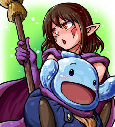 Rule 34 | 1girl, broom, brown hair, cape, darul (slime life), dress, elbow gloves, gloves, holding person, marking on cheek, open mouth, orange eyes, overalls, pointy ears, purple cape, purple dress, purple gloves, raised eyebrow, slime (creature), slime (slime life), slime life, smile, tenkai no komachi, witch