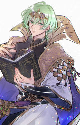 Rule 34 | 1boy, alternate hair color, asymmetrical clothes, black shirt, book, byleth (fire emblem), byleth (male) (fire emblem), cape, closed mouth, collar, collared shirt, commentary request, enlightened byleth (male), fingernails, fire emblem, fire emblem: three houses, fire emblem heroes, green eyes, green hair, hair between eyes, hair ornament, highres, holding, holding book, jewelry, long sleeves, looking at viewer, male focus, mizuno (iori-amu), nintendo, official alternate costume, shirt, short hair, simple background, solo, white background, wide sleeves