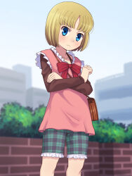 Rule 34 | 1girl, bag, binbou shimai monogatari, blonde hair, blue eyes, blurry, blurry background, blush, building, bush, city, closed mouth, commission, crossed arms, echigoya ginko, female focus, frills, frown, highres, long sleeves, looking at viewer, outdoors, parted bangs, plaid, plaid shorts, shorts, shoulder bag, solo, standing, stupa13a