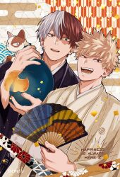 Rule 34 | 2boys, animal, bakugou katsuki, black jacket, black kimono, blonde hair, boku no hero academia, burn scar, cat, commentary, commentary request, confetti, egasumi, english commentary, english text, folding fan, hair between eyes, hand fan, hand up, haori, haori himo, highres, holding, holding animal, holding cat, holding fan, jacket, japanese clothes, kimono, long sleeves, looking at viewer, male focus, mixed-language commentary, multicolored background, multicolored hair, multiple boys, open clothes, open jacket, open mouth, red eyes, red hair, salt - siomsb, sayagata, scar, scar on face, seigaiha, short hair, smile, spiked hair, split-color hair, teeth, todoroki shouto, tongue, two-tone hair, upper teeth only, v-shaped eyebrows, white hair, wide sleeves, yagasuri, yellow jacket, yellow kimono