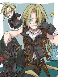 Rule 34 | 2boys, ?, adapted costume, black footwear, black gloves, black vest, blonde hair, blue eyes, boots, cloud strife, cloud strife (murasame), commentary request, cropped torso, dagger, earrings, elbow gloves, final fantasy, final fantasy ix, final fantasy vii, final fantasy vii ever crisis, gloves, grin, highres, holding, holding dagger, holding knife, holding weapon, jewelry, knee up, knife, looking at viewer, low ponytail, male focus, monkey tail, multiple boys, one eye closed, oshibainoticket, pants, parted bangs, pointing, pointing at self, shoulder pads, sitting, sleeveless, sleeveless turtleneck, smile, spiked hair, star (symbol), sweater, tail, turtleneck, turtleneck sweater, vest, weapon, white sweater, zidane tribal
