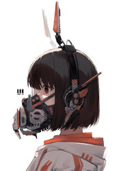 Rule 34 | 1girl, artist name, blunt bangs, brown eyes, brown hair, commentary request, copyright request, from side, gas mask, hatachi8p, headgear, highres, hood, hood down, mask, mouth mask, profile, red eyes, short hair, simple background, solo, white background