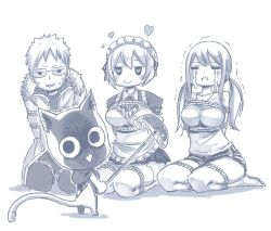 Rule 34 | 2boys, 2girls, blush, bound, breasts, cat, closed eyes, collarbone, crying, fairy tail, fish, glasses, hair between eyes, happy (fairy tail), heart, heart-shaped pupils, jacket, loke (fairy tail), lucy heartfilia, maid, maid headdress, mashima hiro, monochrome, multiple boys, multiple girls, official art, pants, seiza, shirt, short hair, short shorts, shorts, simple background, sitting, smile, sweat, symbol-shaped pupils, thighhighs, twintails, virgo (fairy tail), white background