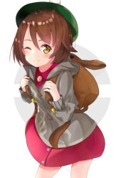 Rule 34 | 1girl, adjusting strap, backpack, bad id, bad pixiv id, bag, blush, brown hair, cardigan, commentary, creatures (company), dress, from above, game freak, gloria (pokemon), green hat, grey sweater, hair between eyes, hat, highres, light smile, long sleeves, looking at viewer, looking up, nintendo, one eye closed, pink dress, pokemon, pokemon swsh, short hair, smile, solo, sweater, tam o&#039; shanter, yellow eyes, zundamochi (pixiv13535730)