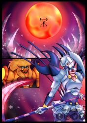 Rule 34 | 1boy, 1girl, absurdres, apollomon, armor, crescent moon, dianamon, digimon, digimon (creature), highres, mask, moon