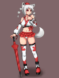 Rule 34 | 1girl, alternate costume, animal ears, bad id, bad pixiv id, boots, breasts, closed umbrella, commentary request, crop top, detached sleeves, eyebrows, full body, grey hair, hand up, hat, inubashiri momiji, leaf print, looking to the side, looking up, maple leaf print, midriff, miniskirt, multicolored clothes, multicolored legwear, navel, nekuraneko, panties, pantyshot, planted, planted umbrella, pom pom (clothes), race queen, red eyes, red thighhighs, ribbon, short hair, skirt, smile, solo, standing, tail, thighhighs, thighs, tokin hat, touhou, umbrella, underwear, white panties, white thighhighs, wolf ears, wolf tail