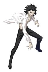 Rule 34 | 00s, 1boy, abs, black background, black hair, black pants, fangs, french-bread, highres, long sleeves, looking at viewer, male focus, melty blood, melty blood: type lumina, michael roa valdamjong, official art, open clothes, open shirt, pants, red eyes, sharp teeth, shirt, simple background, solo, takeuchi takashi, teeth, tsukihime, tsukihime (remake), type-moon, white shirt