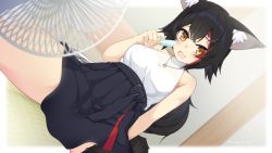 Rule 34 | 1girl, animal ear fluff, animal ears, arm behind back, black hair, black skirt, breasts, commentary request, crossed bangs, electric fan, food, hair between eyes, hair ornament, hand up, highres, holding, holding food, hololive, indoors, jewelry, long hair, looking at viewer, medium breasts, multicolored hair, necklace, ookami mio, ookami mio (street), open mouth, otaku heishi, pleated skirt, popsicle, red hair, shirt, skirt, sleeveless, sleeveless shirt, solo, spread legs, streaked hair, tail, tail around own leg, two-tone hair, virtual youtuber, white shirt, wolf ears, wolf tail, x hair ornament, yellow eyes