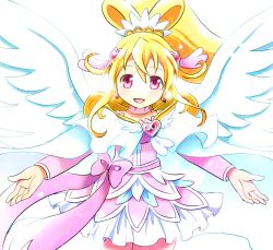 Rule 34 | 1girl, aida mana, angel wings, backlighting, bad id, bad pixiv id, blonde hair, bow, brooch, cape, choker, cure heart, cure heart (parthenon mode), dokidoki! precure, hair ornament, half updo, heart, heart brooch, heart hair ornament, jewelry, kemoribon, long hair, magical girl, no nose, pink bow, pink eyes, ponytail, precure, renge-kemo, ribbon, skirt, smile, solo, waist bow, white background, white wings, wing brooch, wings