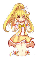 Rule 34 | 10s, 1girl, blonde hair, bow, cure peace, double v, hair flaps, kise yayoi, kneeling, long hair, magical girl, minamura haruki, ponytail, precure, skirt, smile precure!, solo, v, wide ponytail, yellow bow, yellow eyes, yellow skirt, yellow theme
