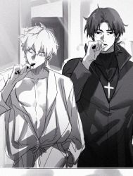 Rule 34 | 2boys, bare pectorals, brushing teeth, closed eyes, cross, cross necklace, fate/stay night, fate (series), gilgamesh (fate), greyscale, jacket, jewelry, kotomine kirei, maka (mksrw), male focus, messy hair, mirror, monochrome, morning, multiple boys, necklace, open clothes, open shirt, pectorals, reflection, toothbrush