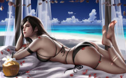 Rule 34 | 1girl, anklet, arm strap, ass, bare legs, bare shoulders, barefoot, beach, bikini, black bikini, black hair, black ribbon, blue sky, bracelet, breasts, cloud, coconut, commentary, curtains, day, earrings, english commentary, feet up, final fantasy, final fantasy vii, final fantasy vii remake, flower, hand in own hair, horizon, jewelry, large breasts, liang xing, long hair, lying, ocean, on stomach, petals, photoshop (medium), pillow, pink lips, red eyes, relaxing, ribbon, seashell, shell, sideboob, skindentation, sky, smile, solo, square enix, swimsuit, the pose, thigh strap, tifa lockhart, toes, water, white flower