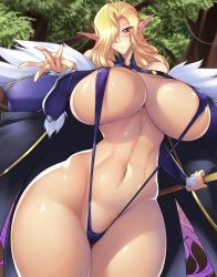 Rule 34 | 1girl, ass, blonde hair, breasts, cleavage, curvy, elf, energy, forest, haganef, highres, holding, holding staff, huge breasts, long hair, looking at viewer, magic, misery stentrem, nature, pointy ears, revealing clothes, shiny skin, slingshot swimsuit, smile, solo, staff, swimsuit, tree, very long hair, wide hips, youkoso! sukebe elf no mori e