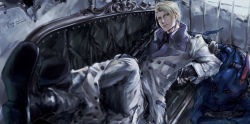 Rule 34 | 1boy, absurdres, animal, artist name, black footwear, black neckwear, blonde hair, blue eyes, boots, chain, coin, collar, couch, darkstar (ff7), dated, eyelashes, feet up, final fantasy, final fantasy vii, final fantasy vii remake, fingerless gloves, formal, gloves, gun, high collar, highres, looking at another, looking at viewer, lunyria, lying, male focus, monster, necktie, pet, rufus shinra, short hair, shotgun, signature, spiked collar, spikes, square enix, suit, weapon, white suit