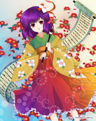 Rule 34 | 1girl, female focus, flower, gradient background, hieda no akyuu, japanese clothes, kimono, omuni, perfect memento in strict sense, plant, purple hair, scroll, short hair, solo, standing, touhou
