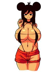 Rule 34 | 1girl, ahoge, bare shoulders, bikini, black bikini, black bra, black choker, bra, breasts, choker, cleavage, collarbone, dracoarcto, freckles, friday night funkin&#039;, groin, hair bun, huge breasts, midriff, mob face, momo (saruky), navel, simple background, sketch, smile, solid eyes, solid oval eyes, solo, stomach, swimsuit, tagme, torn clothes, underwear, white background