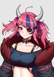 Rule 34 | 1girl, :3, absurdres, breasts, choker, commentary, english commentary, eyepatch, fang, fang out, grey background, highres, horns, ironmouse, medium breasts, one eye covered, pendramon, pink hair, purple eyes, solo, two side up, virtual youtuber, vshojo