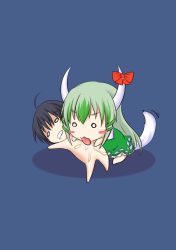 Rule 34 | &gt;:3, 1boy, 1girl, :3, blush stickers, drooling, ex-keine, green hair, highres, horn ornament, horn ribbon, horns, kamishirasawa keine, licking, long hair, multicolored hair, nude, o o, ribbon, tail, touhou, two-tone hair, v-shaped eyebrows