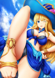 Rule 34 | 1girl, ;d, awilda (p&amp;d), bikini, bikini top only, blonde hair, blue eyes, blush, bol (liliymimi), breasts, cleavage, cloud, day, fang, feet, female focus, foot focus, from below, hat, highres, large breasts, long hair, looking at viewer, navel, one eye closed, open mouth, puzzle &amp; dragons, sandals, sky, smile, solo, swimsuit, toes, wink