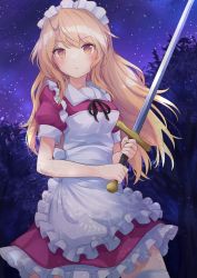 Rule 34 | 1girl, apron, back bow, black ribbon, blonde hair, blush, bow, breasts, closed mouth, commentary request, commission, cowboy shot, dress, frilled apron, frilled dress, frills, holding, holding sword, holding weapon, long hair, maid, maid apron, maid headdress, night, night sky, outdoors, ramie (ramie541), red dress, ribbon, serious, sky, small breasts, star (sky), sword, thighhighs, touhou, touhou (pc-98), weapon, white apron, white bow, white thighhighs, yellow eyes, yumeko (touhou)