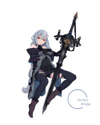 Rule 34 | 1girl, :o, absurdres, arknights, artist name, ascot, bare shoulders, black ascot, black gloves, black pants, black shirt, boots, brown footwear, chinese commentary, clothing cutout, commentary, duan qiao, full body, gloves, highres, holding, holding weapon, invisible chair, long hair, looking at viewer, low-tied long hair, no headwear, pants, red eyes, shirt, silver hair, simple background, sitting, skadi (arknights), sleeveless, sleeveless shirt, solo, sword, thigh cutout, thigh strap, triangle mouth, very long hair, weapon, white background