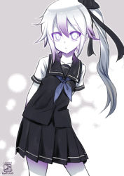 Rule 34 | 10s, 1girl, abyssal ship, adapted costume, alternate costume, arms behind back, black skirt, character name, cowboy shot, dated, destroyer princess, gradient background, hair ribbon, kantai collection, long hair, looking at viewer, neckerchief, pleated skirt, purple eyes, ribbon, sailor collar, school uniform, serafuku, side ponytail, skirt, solo, twitter username, weshika, white hair