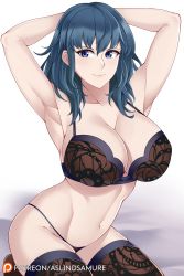 Rule 34 | 1girl, armpits, arms behind head, arms up, aslindsamure, bare shoulders, blue eyes, blue hair, blush, bra, breasts, brown bra, brown panties, brown thighhighs, byleth (female) (fire emblem), byleth (fire emblem), cleavage, closed mouth, collarbone, fire emblem, fire emblem: three houses, hair between eyes, highres, kneeling, large breasts, looking at viewer, nintendo, panties, short hair, smile, solo, thighhighs, thighs, underwear, white background