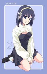Rule 34 | 1girl, black dress, black footwear, blue eyes, blue hair, breasts, cleavage, closed mouth, collared shirt, dated, dress, hair ribbon, headband, highres, loafers, long sleeves, looking at viewer, nii manabu, original, purple background, ribbon, shirt, shoes, short hair, signature, simple background, sitting, smile, socks, solo, wariza, white ribbon, white shirt, white socks