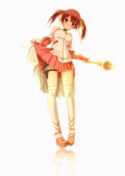 Rule 34 | 1girl, bare shoulders, blush, brown eyes, brown hair, clothes lift, dagger, detached sleeves, full body, high heels, highres, holster, knife, lifted by self, long hair, looking at viewer, magical girl, original, pleated skirt, reflection, skirt, skirt lift, sleeves past wrists, smile, solo, standing, thigh holster, thighhighs, twintails, wand, weapon, white thighhighs, xiaoyin li