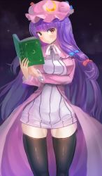 Rule 34 | 1girl, black thighhighs, book, breasts, crescent, crescent hair ornament, hair ornament, hat, kazo (kazozakazo), large breasts, long hair, looking at viewer, mob cap, patchouli knowledge, pink eyes, purple hair, solo, thighhighs, thighs, touhou, very long hair, zettai ryouiki