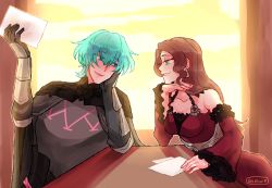 Rule 34 | 1boy, 1girl, armor, bare shoulders, black gloves, breasts, brown hair, byleth (fire emblem), byleth (male) (fire emblem), cleavage, couple, dorothea arnault, dress, earrings, fire emblem, fire emblem: three houses, gloves, greaves, green eyes, green hair, grin, highres, holding, holding paper, indoors, jewelry, large breasts, long hair, looking at another, nintendo, paper, red dress, reikiwie, smile, table