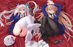 Rule 34 | 2girls, absurdres, adjusting eyewear, aqua eyes, blue eyes, blush, book, cameltoe, cleft of venus, feet, feet up, glasses, highres, holding, holding shoes, lexington (warship girls r), light brown hair, loafers, long hair, looking at viewer, lying, multiple girls, on back, open mouth, panties, panties under pantyhose, pantyhose, pantyshot, see-through, see-through legwear, shoes, unworn shoes, silver hair, soles, thighhighs, toes, twintails, underwear, warship girls r, white thighhighs