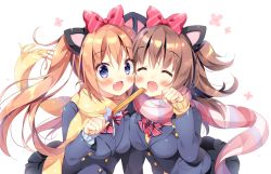Rule 34 | 2girls, :d, ^ ^, animal ears, black skirt, blazer, blue cardigan, blue eyes, blush, bow, bowtie, brown hair, cardigan, cat ears, churro, closed eyes, commentary request, fang, food, hair bow, holding, holding food, jacket, long hair, long sleeves, looking at viewer, multiple girls, open mouth, orange hair, original, pan (mimi), paw pose, pink scarf, pleated skirt, polka dot, polka dot scarf, red bow, red neckwear, scarf, school uniform, skirt, smile, striped bow, striped bowtie, striped clothes, striped neckwear, striped scarf, twintails, two side up, yellow cardigan, yellow scarf