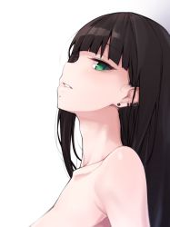Rule 34 | 1girl, black hair, blunt bangs, blush, collarbone, completely nude, ear piercing, earrings, from side, green eyes, highres, jewelry, kurosawa dia, long hair, looking at viewer, looking to the side, love live!, love live! sunshine!!, mole, mole under mouth, nasuno (nasuno42), nude, parted lips, piercing, profile, sideways glance, simple background, solo, stud earrings, upper body, white background