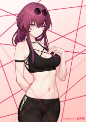 Rule 34 | 1girl, alternate costume, arm behind back, bare arms, bare shoulders, black pants, black sports bra, breasts, cleavage, closed mouth, cowboy shot, eyewear on head, hand up, highres, honkai: star rail, honkai (series), kafka (honkai: star rail), long hair, looking at viewer, medium breasts, nail polish, navel, pants, pink eyes, ponytail, purple hair, round eyewear, sidelocks, smile, solo, sports bra, standing, stomach, sunglasses, thighs, tight clothes, tight pants, yoga pants, yunkaiming