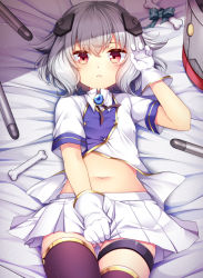 Rule 34 | 1girl, :c, agekichi (heart shape), asymmetrical legwear, azur lane, bad id, bad pixiv id, bed sheet, black thighhighs, blue bow, bone, bow, breasts, brooch, bulldog (azur lane), buttons, closed mouth, collared shirt, commentary request, covering privates, covering crotch, cowboy shot, double-breasted, from above, gloves, gluteal fold, gold trim, grey hair, hair between eyes, hair flaps, hand up, headgear, jewelry, looking at viewer, lying, machinery, midriff, miniskirt, navel, on back, partially unbuttoned, pleated skirt, red eyes, shade, shirt, short hair, short sleeves, skirt, skirt tug, small breasts, solo, stomach, thigh gap, thigh strap, thighhighs, torpedo, uneven legwear, white gloves, white shirt, white skirt