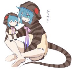 Rule 34 | 1girl, bare legs, barefoot, blue eyes, blue hair, character doll, commentary request, gradient neckwear, highres, hood, hoodie, isobee, kemono friends, long sleeves, neck ribbon, pink neckwear, print hoodie, purple neckwear, ribbon, short hair, snake print, snake tail, sweatdrop, tail, translation request, tsuchinoko (kemono friends)