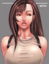 Rule 34 | 1990s (style), 1girl, artist name, asymmetrical bangs, breasts, brown hair, buckle, collarbone, earrings, final fantasy, final fantasy vii, grey background, jewelry, large breasts, lips, long hair, looking to the side, orange eyes, parted lips, realistic, retro artstyle, simple background, sleeveless, solo, square enix, taut clothes, teeth, tifa lockhart, upper body, walnov