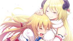 Rule 34 | 2girls, akai haato, akai haato (1st costume), blonde hair, breasts, cherry blossoms, closed eyes, comforting, crying, detached sleeves, dress, falling petals, hair ribbon, hand on another&#039;s head, head on chest, highres, hololive, horns, hug, kira dx kira, large breasts, lips, long hair, multiple girls, open mouth, petals, red ribbon, ribbon, sheep horns, sleeveless, sleeveless dress, tears, tsunomaki watame, tsunomaki watame (1st costume), virtual youtuber